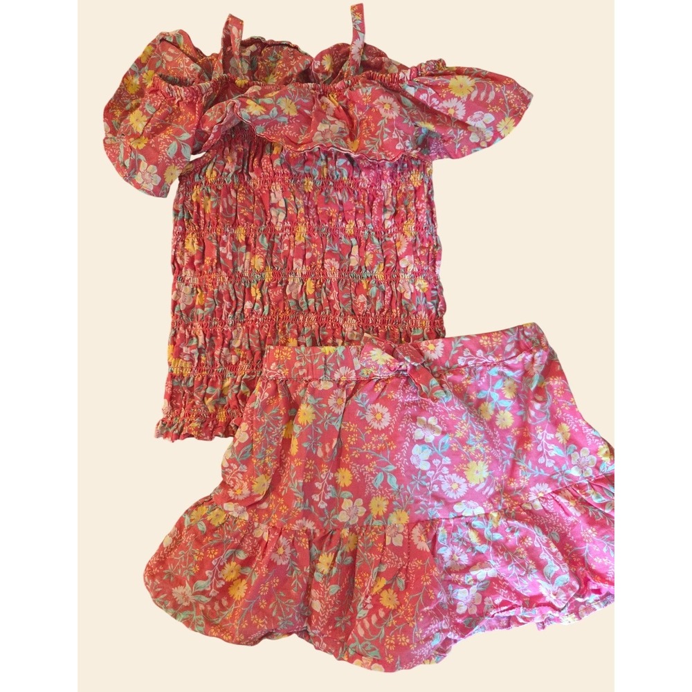 Joie Girls Floral Smocked Off Shoulder Top and Ruffle Skirt Set Coral Pink XS 4